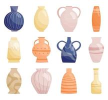satz von farbvektor isolierten modischen vasen für pflanzen und blumen, innendekorationen in verschiedenen formen und größen. Sammlung von Keramikprodukten auf weißem Hintergrund, antike Gefäße und Tassen. vektor