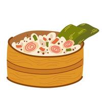 Poke Bowl mit Reis, Gemüse, Ei, Fleisch, Fisch, Garnelen und Algen. asiatisches Essen. perfekt für Restaurant-Cafés und Druckmenüs. Vektor-Hand zeichnen Cartoon-Illustration. vektor