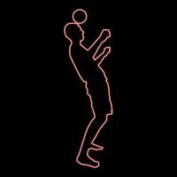 Neonmann tritt den Ball auf den Kopf. Fußballspieler tippt Ball mit seinem Kopf Fußballkonzept Jongliertrick mit flachem Stil des roten Farbvektorillustrationsbildes des Balls vektor
