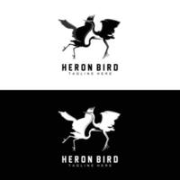 Vogelreiher-Storch-Logo-Design, Vogelreiher, der auf dem Flussvektor fliegt, Produktmarkenillustration vektor
