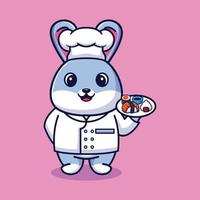 Vektor Kaninchen Koch Maskottchen Logo Cartoon niedlich kreativ kawaii. süße tierillustration mit sushi-essen