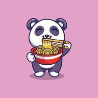 niedlicher panda, der ramen-nudeln mit essstäbchen-cartoon-symbolillustration isst vektor