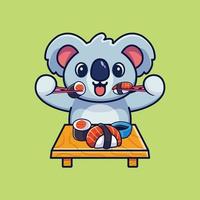 niedlicher koala, der sushi mit stäbchen-karikaturikonenillustration isst vektor