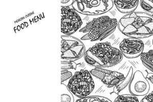 Vektor-Speisekarte-Vorlage, lateinamerikanische Küche. handgezeichnete schwarz-weiße vintage skizzen von mexikanischem essen. vektor