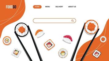 Template Landing Page, Website für Restaurant mit japanischer Küche und Brötchen. asiatisches Essen, Lieferung. Vektor