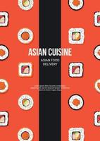 Flyer-Design mit nahtlosem Muster mit Rollen. japanisches asiatisches essen, menü. Vektor-Illustration. Banner, Promo, Werbung. vektor