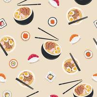 Nahtloses Muster mit asiatischem Essen. japanisches Essen, Brötchen, Sushi und Ramen. Vektor