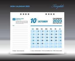 Tischkalender 2023 Design, Oktober 2023 Vorlage, Kalender 2023 Vorlage, Planer, einfach, Wandkalender-Design, Woche beginnt am Sonntag, Druck, Werbung, blauer Hintergrund, Vektor