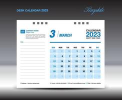 Tischkalender 2023 Design, März 2023 Vorlage, Kalender 2023 Vorlage, Planer, einfach, Wandkalender-Design, Woche beginnt am Sonntag, Druck, Werbung, blauer Hintergrund, Vektor
