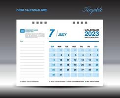 skrivbord kalander 2023 design, juli 2023 mall, kalender 2023 mall, planerare, enkel, vägg kalender design, vecka börjar på söndag, utskrift, reklam, blå bakgrund, vektor