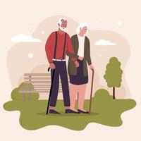 äldre par på utomhus- promenad. illustrationer för webbplatser, landning sidor, mobil appar, posters och banderoller. trendig platt vektor illustration
