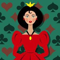 drottning med krona och röd klänning. spelar kort vektor illustration. spelar kort drottning. klubbar, ruter, hjärtan och spader. hasardspel missbruk symboler. röd, grön och svart färger. kunglig prinsessa.