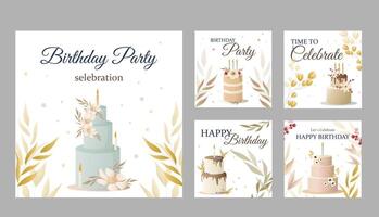 födelsedag kort med kaka, blommor, ljus och önskar. tecknad serie vektor Färg översikt skiss illustration isolerat på vit bakgrund