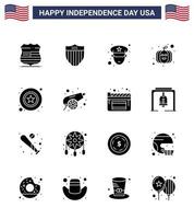 Happy Independence Day Pack mit 16 soliden Glyphen Zeichen und Symbolen für Schilder Polizisten Männer Kürbis editierbare usa Tag Vektor Design Elemente