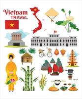 resa till vietnam. uppsättning av traditionell vietnamese kulturell symboler. vietnamese landmärken och livsstil av vietnamese människor vektor