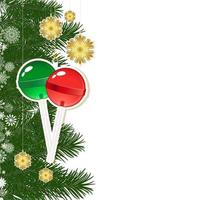 weihnachtshintergrund mit weihnachtsdekor und grünen zweigen des weihnachtsbaums. vektor