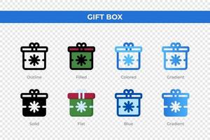 Geschenkbox-Symbole in verschiedenen Stilen. Geschenkbox-Symbole gesetzt. Urlaubssymbol. verschiedene stilikonen eingestellt. Vektor-Illustration vektor