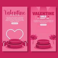 Valentinstag-Verkaufsvertikaler Fahnenhintergrund mit Podium im flachen Design vektor