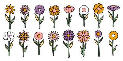 Sammlung einfacher blühender Blumen im psychedelischen Hippie-Stil der 1970er Jahre. satz grafischer aufkleber im retro-design. grooviger hintergrund. bearbeitbare strich isolierte vektorillustration vektor