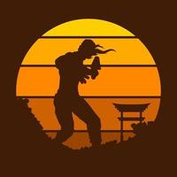 samuraj japan svärd riddare vektor logotyp på cirkel solnedgång. krigare bakgrund för t-shirt, affisch, Kläder, varor, kläder, bricka design.