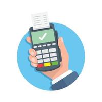 manlig hand innehav pos betalning maskin ikon i platt stil. uppkopplad betalning vektor illustration på isolerat bakgrund. bank transaktion tecken företag begrepp.