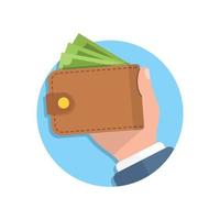 Brieftasche mit Abbildung des Geldes in der Hand im flachen Stil. Online-Zahlungsvektorillustration auf isoliertem Hintergrund. Bargeld und Geldbeutel unterzeichnen Geschäftskonzept. vektor