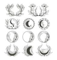 Boho Mond mystische himmlische Blumenelemente und Symbole Vektorgrafiken Sammlung 01 vektor