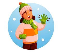 liten flicka med hälsning gest och bär en jacka i vinter- vektor