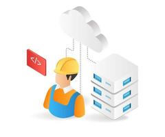 flache isometrische 3d-illustration programmierer cloud server entwickler und wartung vektor