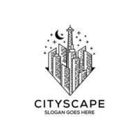 Line Art Night Cityscape Logo-Design, Hochbau mit Monogramm-Logo, kann als Symbole, Markenidentität, Firmenlogo, Symbole oder andere verwendet werden. vektor