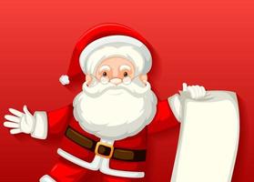 niedlicher Weihnachtsmann, der leere Papierkarikaturfigur auf rotem Hintergrund hält vektor