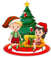 barn bär juldräkt seriefigur med julgran på vit bakgrund vektor