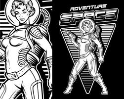 monochrome Vintage-Illustration zum Thema Weltraum mit einem Pin-up-Girl-Astronautenanzug vektor