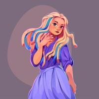 hübsches Mädchen mit langen blonden Haaren und blauem Kleid vektor