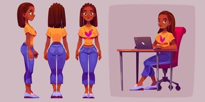 svart kvinna, tecknad serie animering karaktär 2d uppsättning vektor