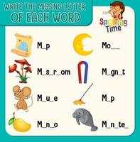 Schreiben Sie den fehlenden Buchstaben jedes Wortarbeitsblatts für Kinder vektor
