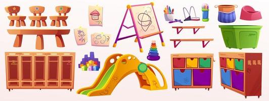 Kindergarten-Innenausstattung oder Spielzeug, Artikelset vektor