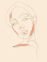 abstraktes Porträt eines Mädchens aus einer durchgehenden Linie mit orangefarbenen Akzenten im Gesicht. illustration für logo, design, dekor vektor