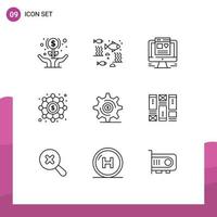 Stock Vector Icon Pack mit 9 Zeilen Zeichen und Symbolen für Business Investment Sea Finance Webdesign editierbare Vektordesign-Elemente