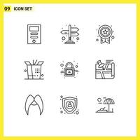 Stock Vector Icon Pack mit 9 Zeilenzeichen und Symbolen für Route Unlock Medaillon Vorhängeschloss Wok editierbare Vektordesign-Elemente
