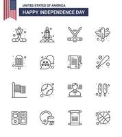glücklicher unabhängigkeitstag 4. juli satz von 16 linien amerikanisches piktogramm des adlertiertransports amerikanischer sport editierbare usa-tagesvektordesignelemente vektor
