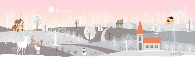 Panorama der Winterlandschaft, Vektorillustration des horizontalen Banners der Winterlandschaft mit Schneebedeckung, Bauernhaus, Berg- und Rentierfamilie, Landschaftshintergrund der frohen Weihnachten vektor