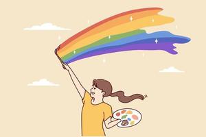 Lycklig Tonårs flicka målarfärger regnbåge i himmel med borsta och palett med målarfärger person till göra natur bättre. leende skol i tillfällig t-shirt gläds i Bra väder. platt vektor design