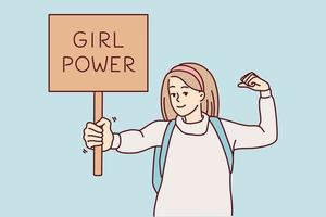 Schöne Frau demonstriert Schild mit Text Girl Power, die für Gleichberechtigung und Frauenrechte kämpft. Aktivistin mit Rucksack fördert feministische Werte, die Muskeln am Arm zeigen. flaches Vektordesign vektor