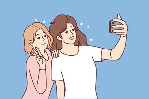 leende flickor framställning selfie på smartphone tillsammans. Lycklig kvinnor ha roligt ta självporträtt bild på modern mobiltelefon kamera. vektor illustration.