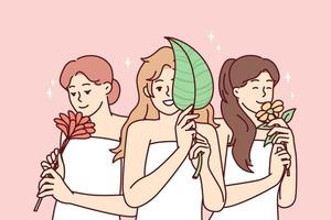 Lycklig kvinnor insvept i vit handdukar leende efter trevlig spa behandling och innehav naturlig växter. positiv flickor njut av lukt av blommor efter använder sig av Bra dusch kosmetika. platt vektor illustration