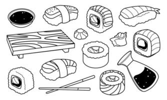 en uppsättning av japansk sushi mat, rullar. objekt för asiatisk mat. japansk kök. vektor illustration asiatisk maträtter för menyer och restauranger.