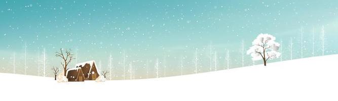 Winterlandschaft mit Schneedecke, Vektorgrafik Wunderland-Bauernhaus im Dorf mit Waldkiefer und Ästen ohne Blätter. Horizontales Banner für Weihnachtsferien oder Neujahr 2022 vektor
