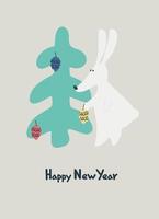 Lycklig ny år hälsning kort med vatten kanin, zodiaken djur- för 2023 i de natt skog. rolig kinesisk horoskop kanin och hand lettered hälsning fras vektor