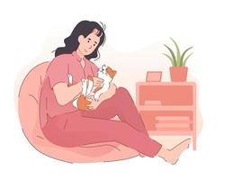 kvinna kel henne söt katt på Hem. människor utgifterna tid med sällskapsdjur vektor